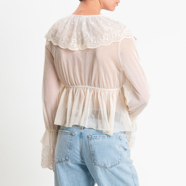Tensione in-Blusa in tulle elasticizzato scollo v - burro