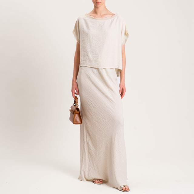 Tensione in-Blusa viscosa goffrata scatola bordi sfrangiati - sand