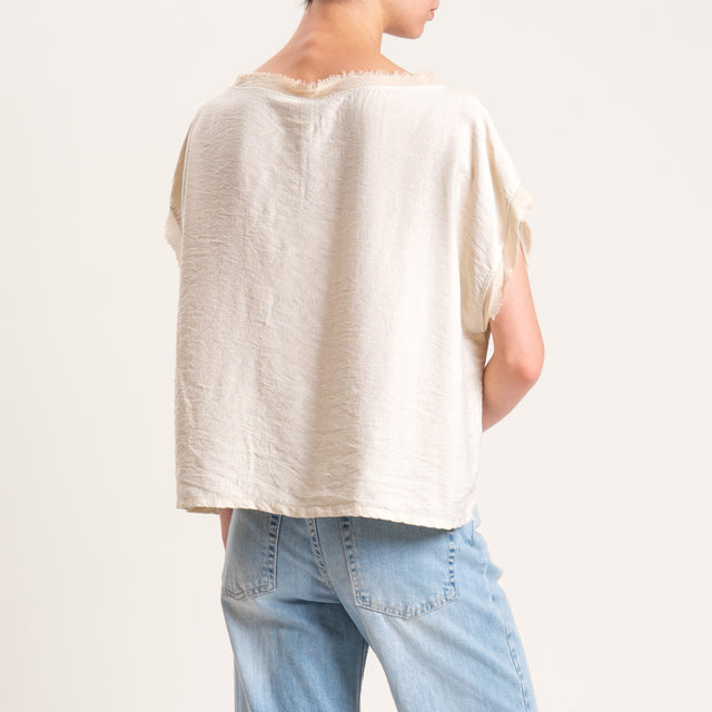 Tensione in-Blusa viscosa goffrata scatola bordi sfrangiati - sand