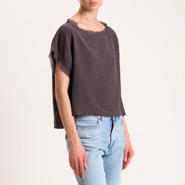 Tensione in-Blusa viscosa goffrata scatola bordi sfrangiati - cioccolato
