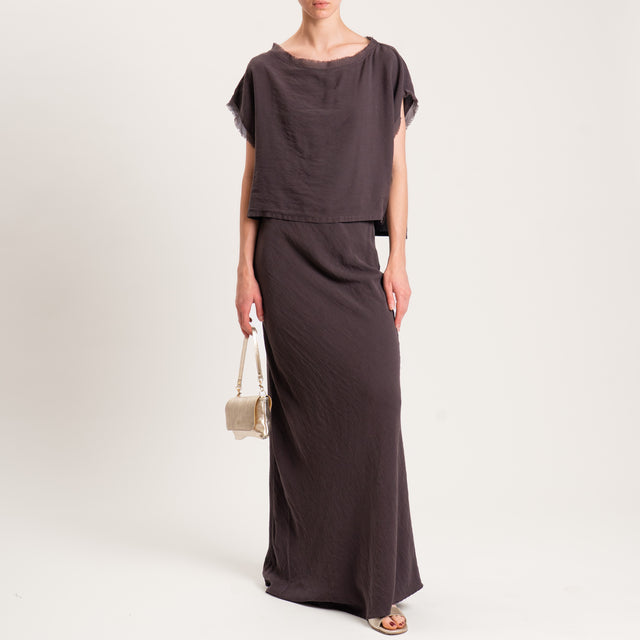 Tensione in-Blusa viscosa goffrata scatola bordi sfrangiati - cioccolato