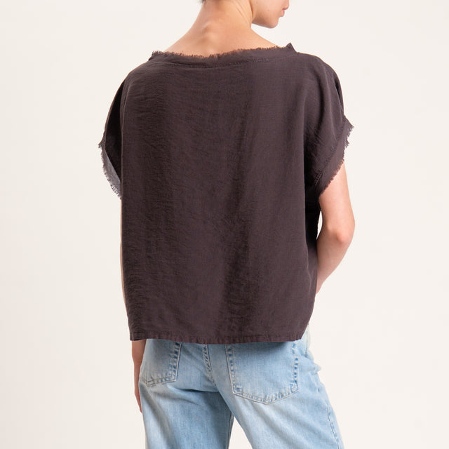 Tensione in-Blusa viscosa goffrata scatola bordi sfrangiati - cioccolato