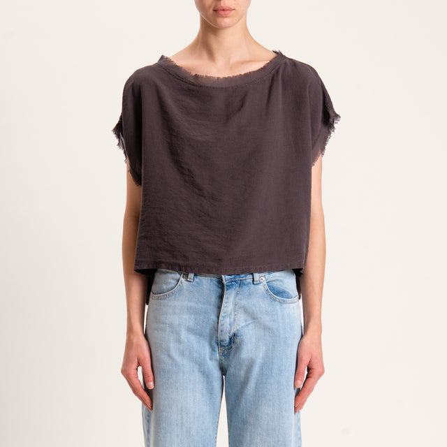 Tensione in-Blusa viscosa goffrata scatola bordi sfrangiati - cioccolato