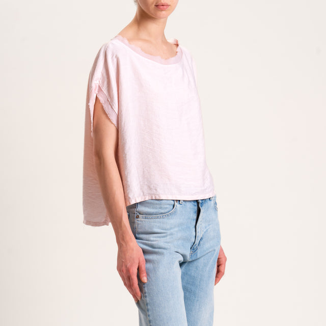Tensione in-Blusa viscosa goffrata scatola bordi sfrangiati - rosa