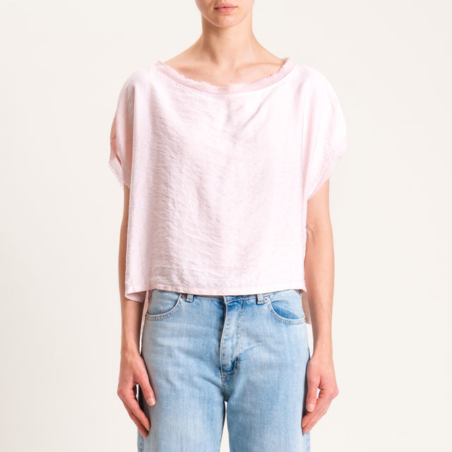 Tensione in-Blusa viscosa goffrata scatola bordi sfrangiati - rosa