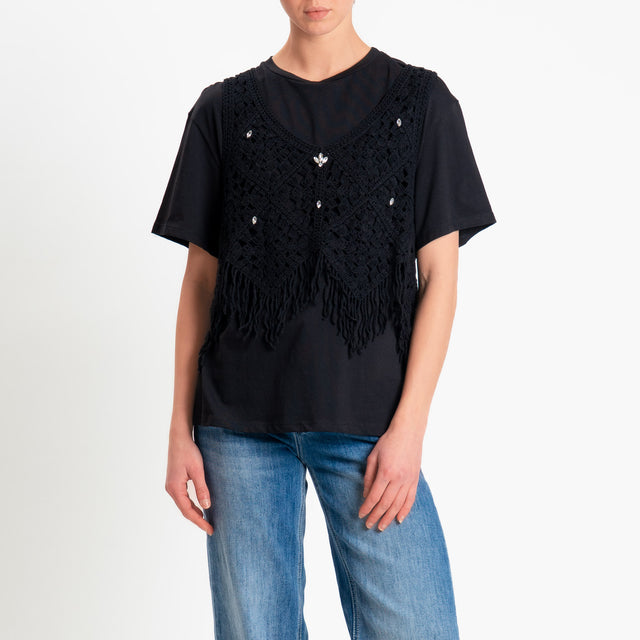 Tensione in-T-shirt + top crochet con applicazioni - nero/nero