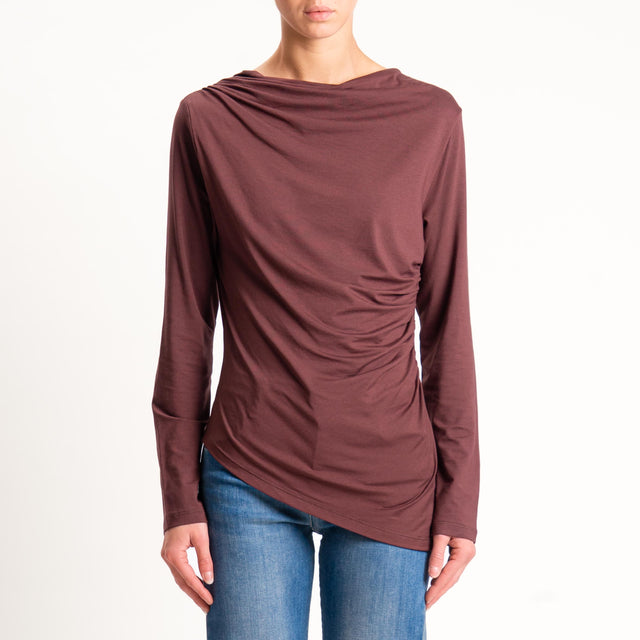 Tensione in- T-shirt in jersey asimmetrico arricciatura laterale - moro