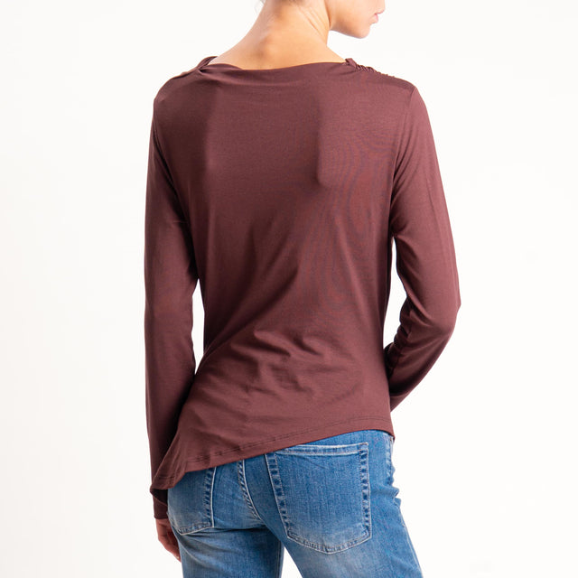Tensione in- T-shirt in jersey asimmetrico arricciatura laterale - moro