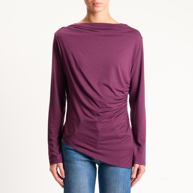 Tensione in- T-shirt in jersey asimmetrico arricciatura laterale - prugna