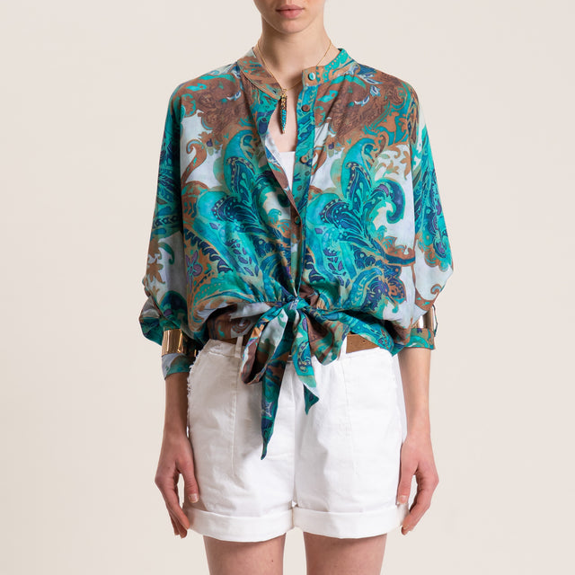 Tensione in-Camicia fantasia giavanese con bracciale - smeraldo/polvere/cuoio