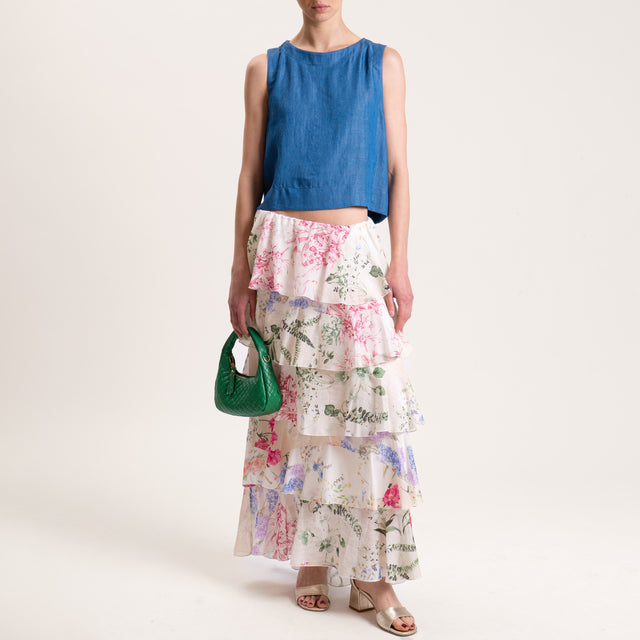 Tensione in-Gonna mussola fantasia floreale con balze - latte/rosa/verde
