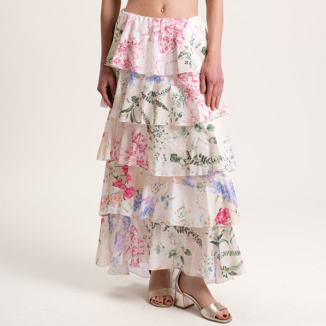 Tensione in-Gonna mussola fantasia floreale con balze - latte/rosa/verde