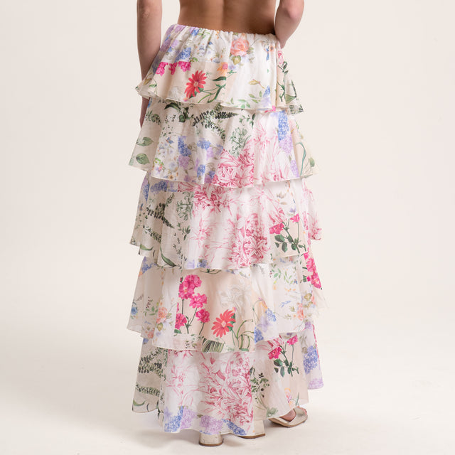 Tensione in-Gonna mussola fantasia floreale con balze - latte/rosa/verde