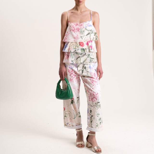 Tensione in-Top mussola fantasia floreale con balze - latte/rosa/verde