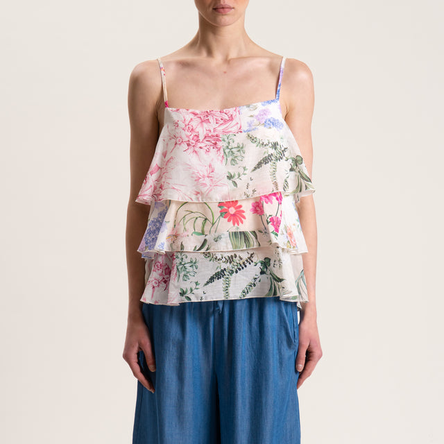 Tensione in-Top mussola fantasia floreale con balze - latte/rosa/verde