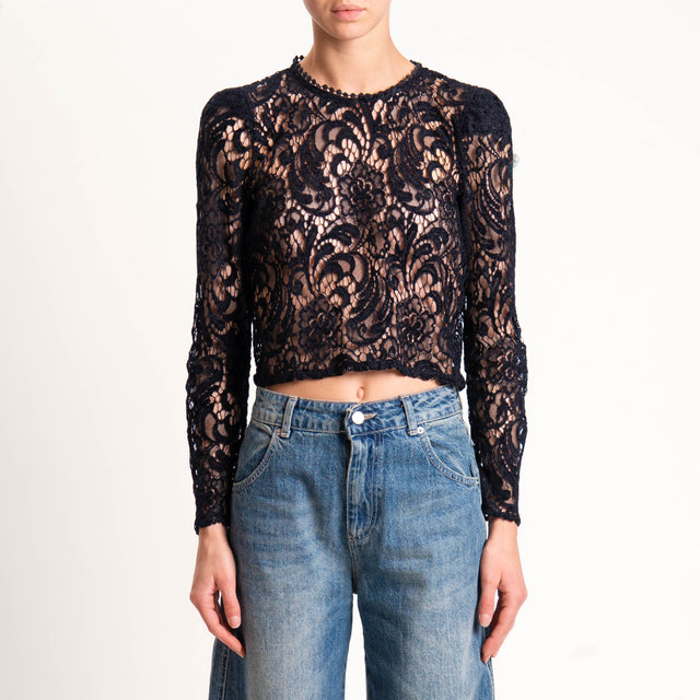 Tensione in-Blusa in pizzo bottone dietro - nero