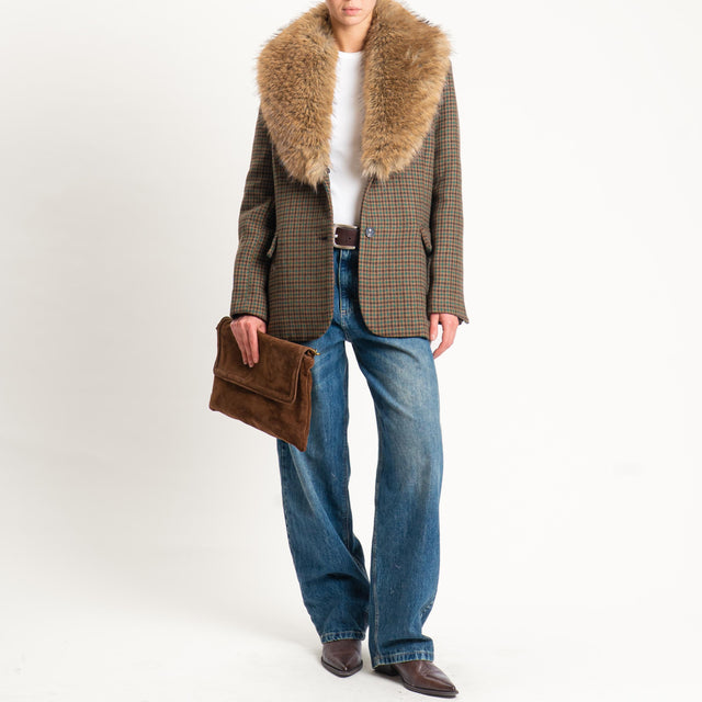 Tensione in-Giacca pied de poule con ecopelliccia misto lana - beige/moro/verde