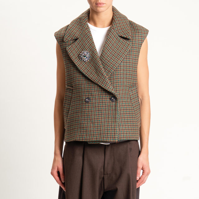 Tensione in-Gilet pied de poule misto lana con spilla - beige/verde/moro