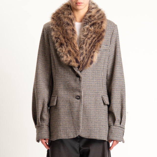 Tensione in-Giacca pied de poule con ecopelliccia - beige/moro/maculato