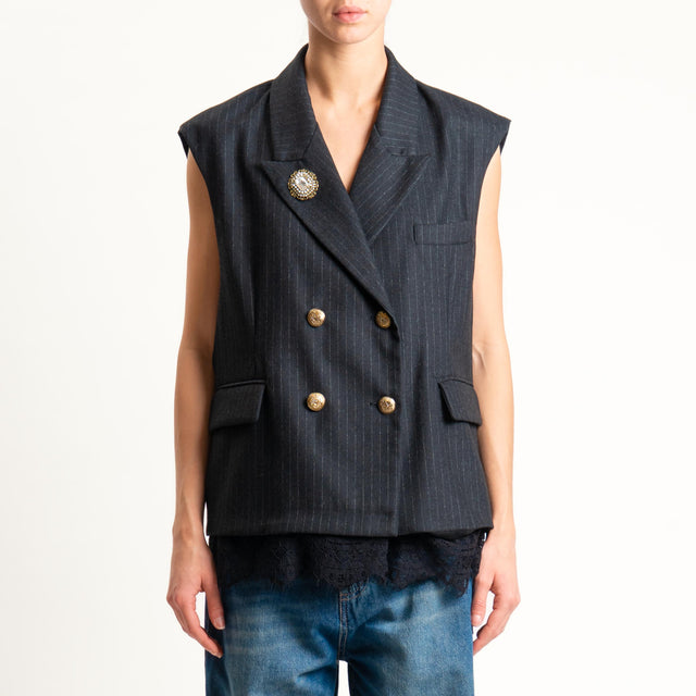 Tensione in-Gilet gessato doppiopetto con pizzo - nero