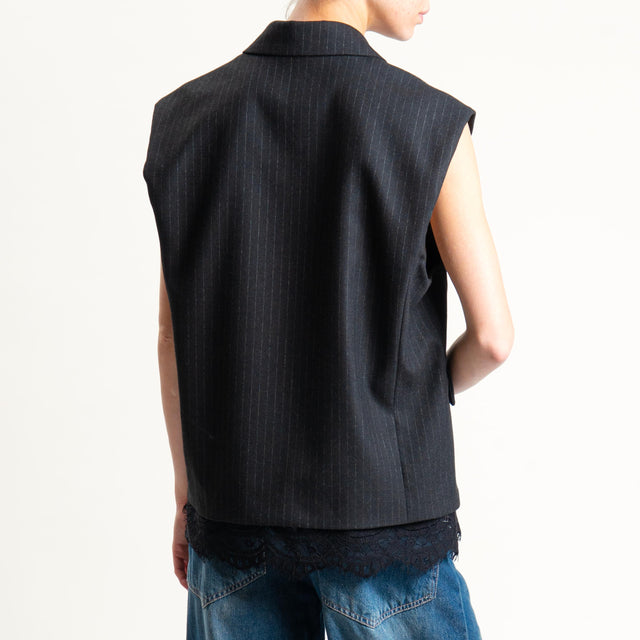 Tensione in-Gilet gessato doppiopetto con pizzo - nero