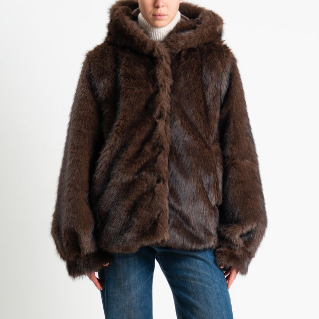 Tensione in-Ecopelliccia con cappuccio - moro