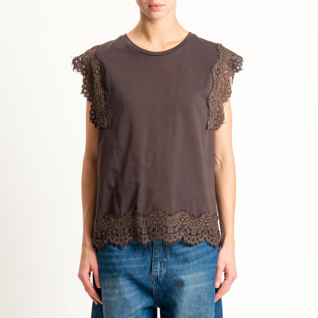Tensione in-T-shirt smanicata con pizzo - moro/moro