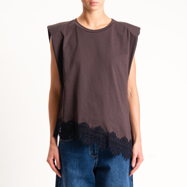 Tensione in- T-shirt asimmetrica spalline con pizzo - moro/nero