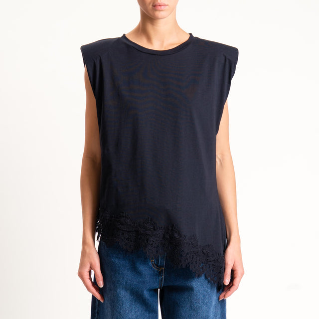 Tensione in- T-shirt asimmetrica spalline con pizzo - nero
