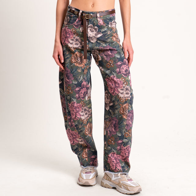 Tensione in-Pantalone fantasia floreale con cintura - verde/cuoio/rosa