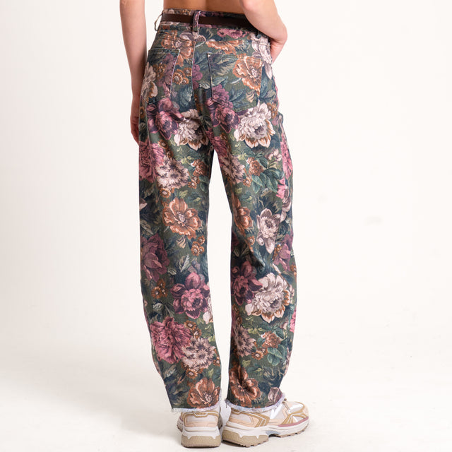 Tensione in-Pantalone fantasia floreale con cintura - verde/cuoio/rosa