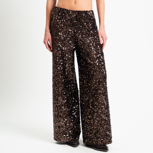Tensione in-Pantalone wide leg con paillettes elastico in vita - moro