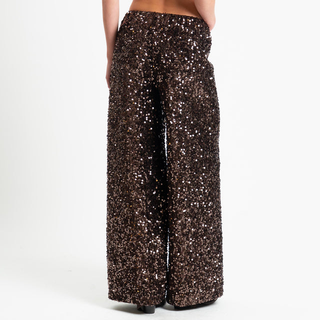 Tensione in-Pantalone wide leg con paillettes elastico in vita - moro