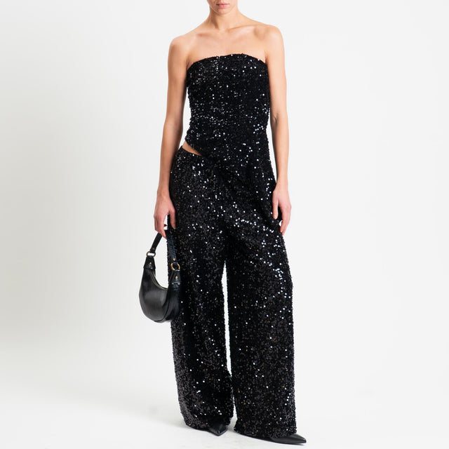 Tensione in-Pantalone wide leg con paillettes elastico in vita - nero