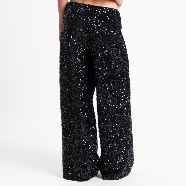 Tensione in-Pantalone wide leg con paillettes elastico in vita - nero