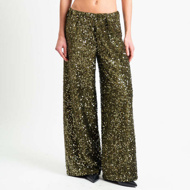 Tensione in-Pantalone wide leg con paillettes elastico in vita - militare
