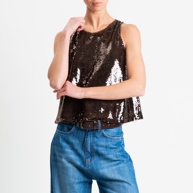 Tensione in-Top paillettes bottone dietro - moro