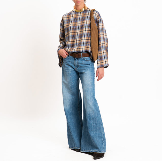 Tensione in-Blusa check manica ampia - bluette/cuoio/sand