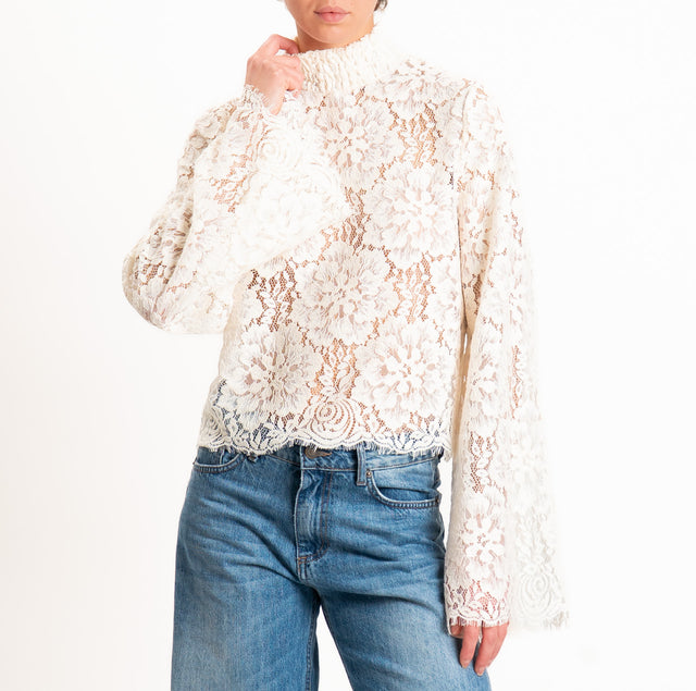 Tensione in-Blusa pizzo collo montato manica ampia - burro