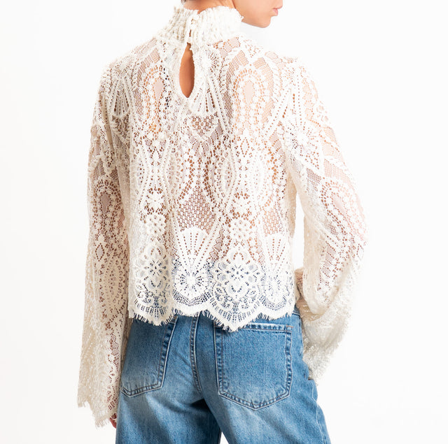 Tensione in-Blusa in pizzo collo montato manica ampia - burro