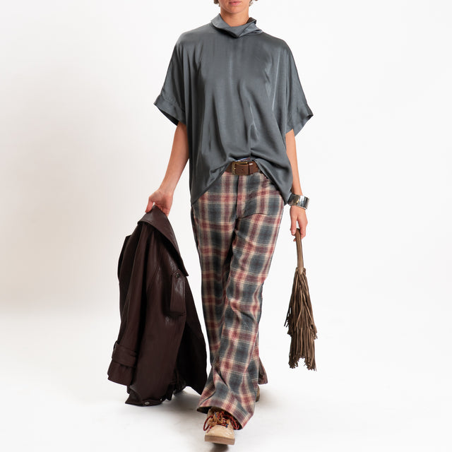 Tensione in-Pantalone check in flanella - piombo/rosso