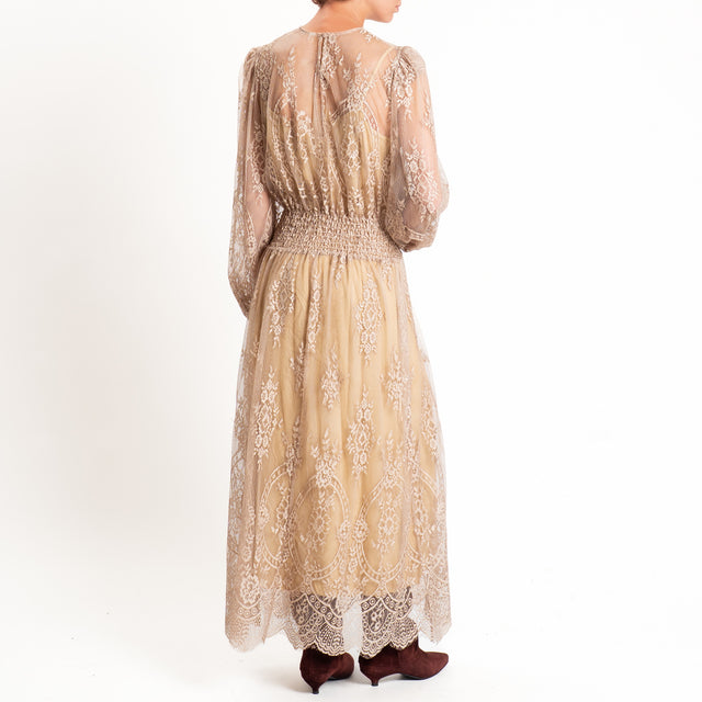 Tensione in-Abito in pizzo elastico in vita - beige
