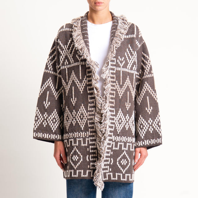 Tensione in-Cardigan jaquard con frange - moro/sand/burro