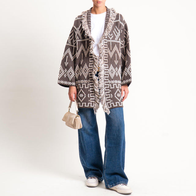 Tensione in-Cardigan jaquard con frange - moro/sand/burro