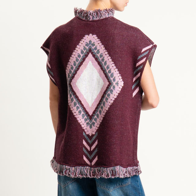 Tensione in-Gilet rombi con frange - burgundy/rosa/off white