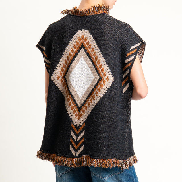 Tensione in-Gilet rombi con frange - black/sand/cuoio