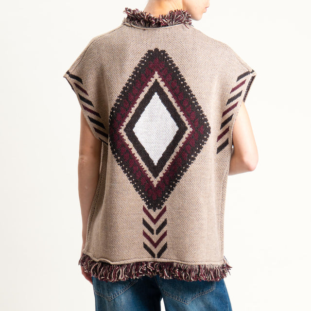 Tensione in-Gilet rombi con frange - off white/sand/vino