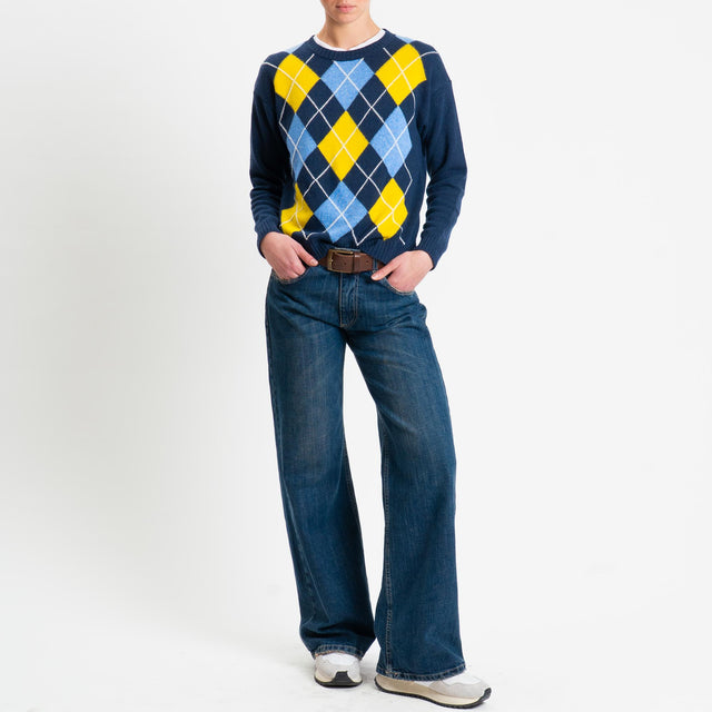Tensione in-Maglia argyle girocollo misto cashmere - blu/azzurro/giallo
