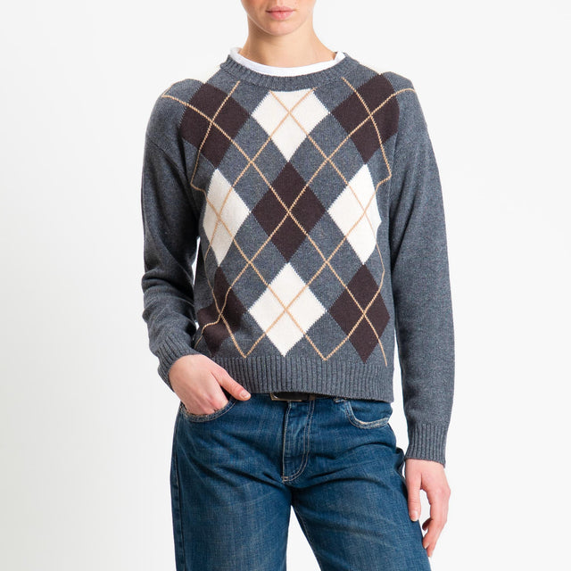 Tensione in-Maglia argyle girocollo misto cashmere - off white/antracite/moro