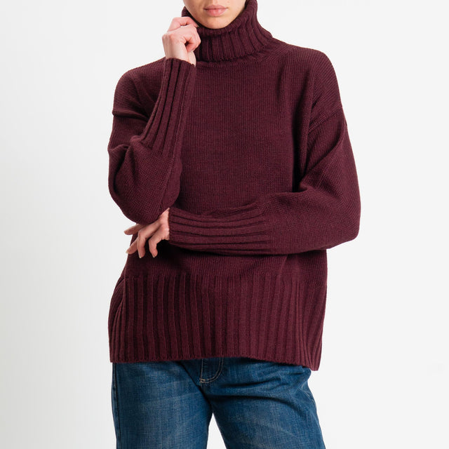 Tensione in-Maglia scatola collo alto misto alpaca - burgundy